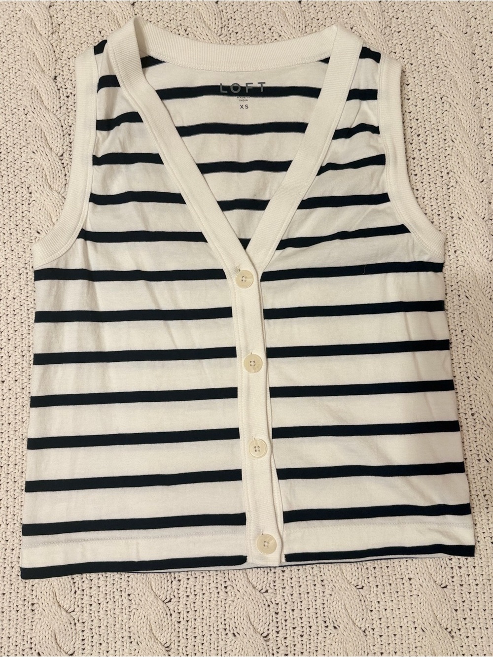 LOFT XS Navy Blue & White Striped Button Front Sweater Vest